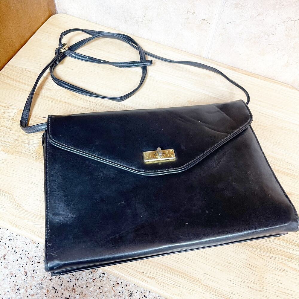 Vintage 80s Black Leather Purse Handbag Crossbody Multiple Pocket Gold Turn Lock